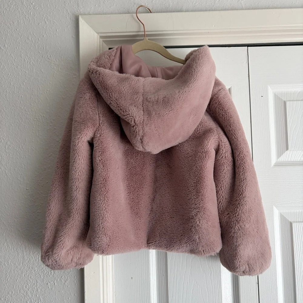 Old Navy Girls' 6-7Y Plush Faux Fur Hooded Jacket - Dusty Rose